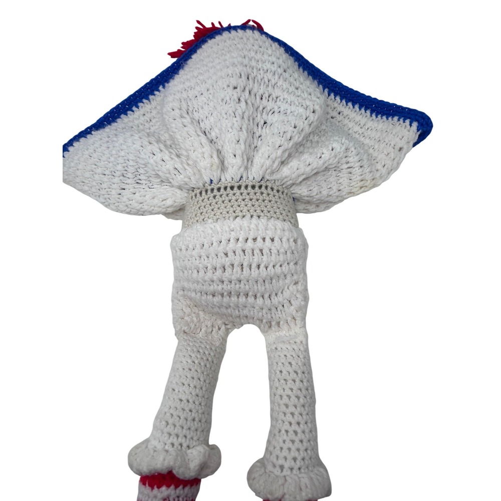 Handmade Crochet Raggedy Ann Doll Red Yarn Hair Blue Dress White Apron 24 inch - Picture 7 of 9
